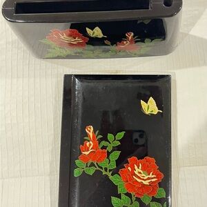 Lacquered Westland Co stationary set. Pen + memo stand with unused address book.